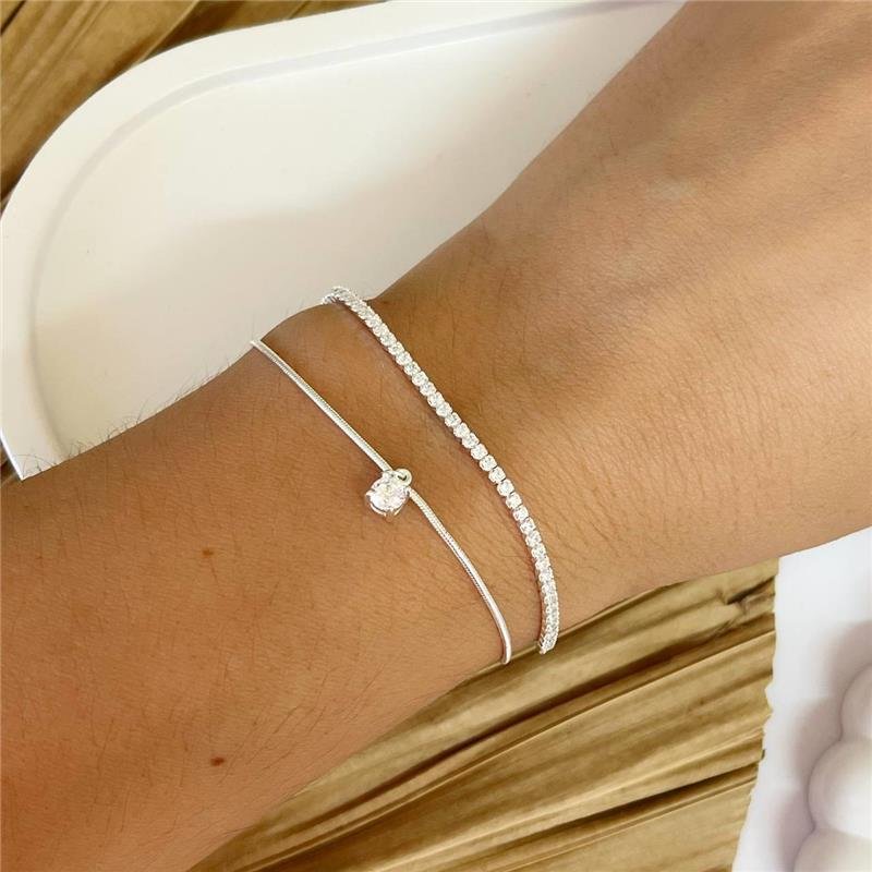 PULSEIRA PRATA 925 DUPLA RIVIEIRA E CORDÃO LISO PONTO LUZ PENDURADO