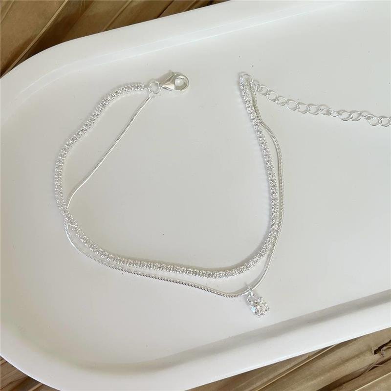 PULSEIRA PRATA 925 DUPLA RIVIEIRA E CORDÃO LISO PONTO LUZ PENDURADO