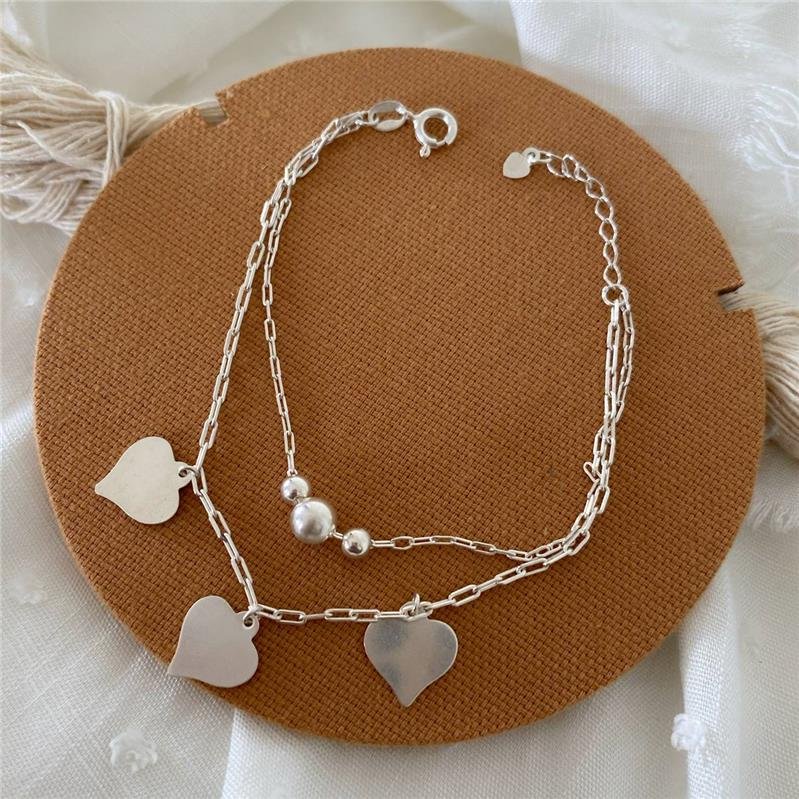 PULSEIRA PRATA 925 DUPLA TRÊS BOLINHAS E CORAÇÕES