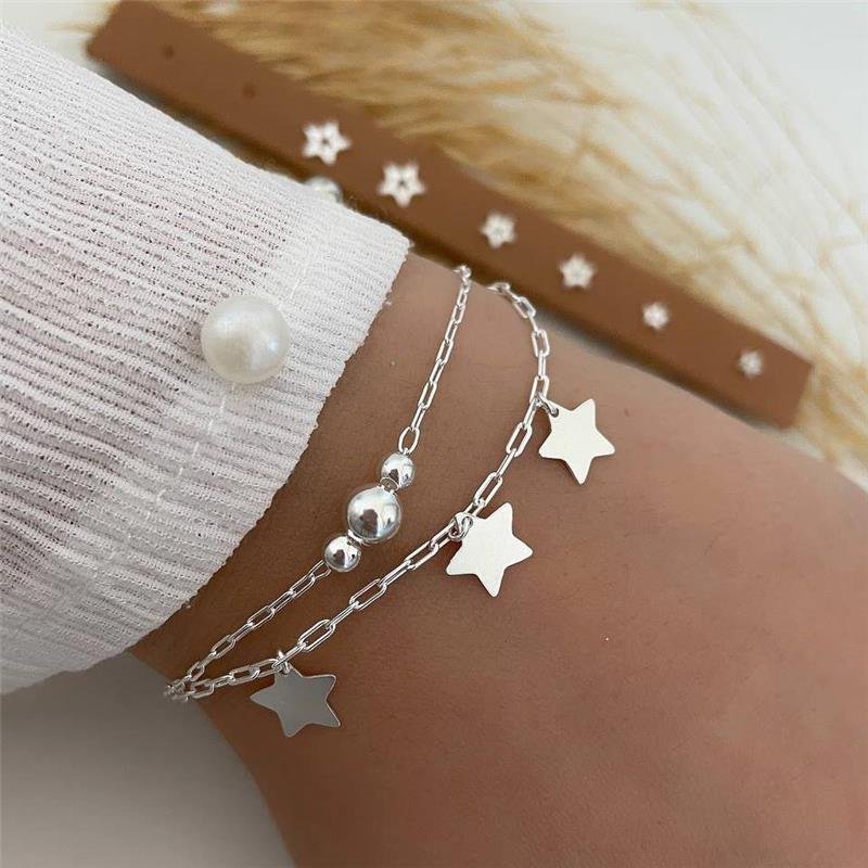PULSEIRA PRATA 925 DUPLO BOLINHAS E ESTRELAS