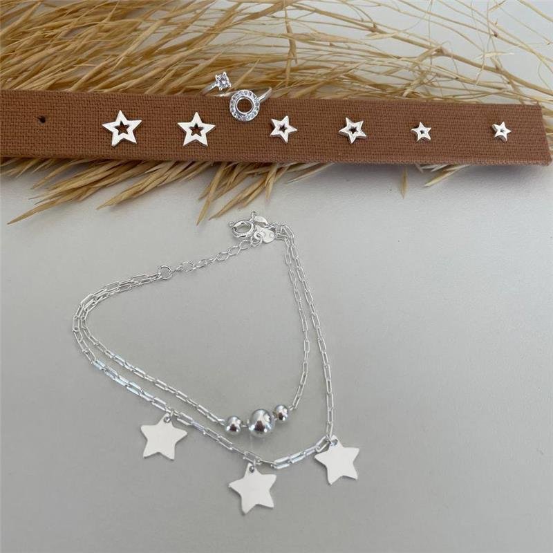 PULSEIRA PRATA 925 DUPLO BOLINHAS E ESTRELAS