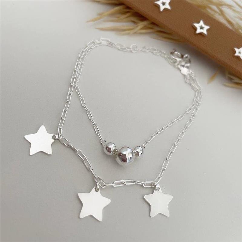PULSEIRA PRATA 925 DUPLO BOLINHAS E ESTRELAS