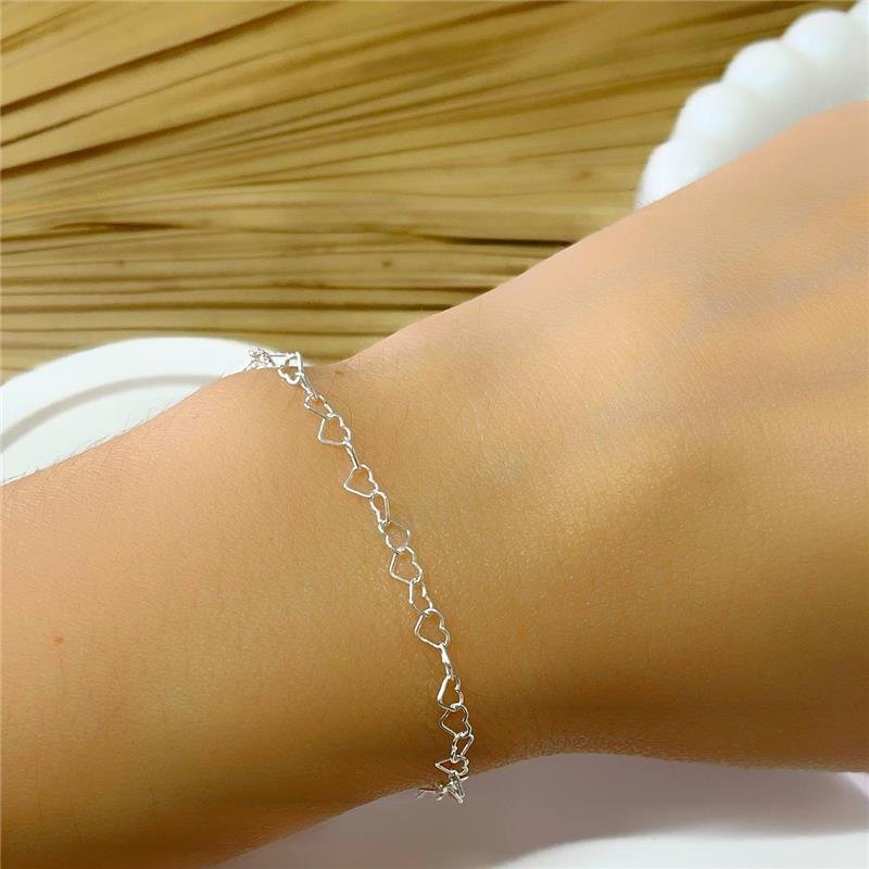 PULSEIRA PRATA 925 ELOS CORAÇÃO 18 CM