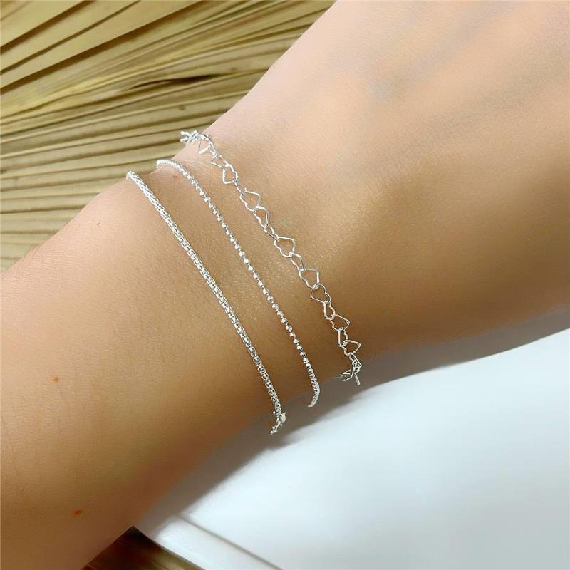 PULSEIRA PRATA 925 ELOS CORAÇÃO 18 CM