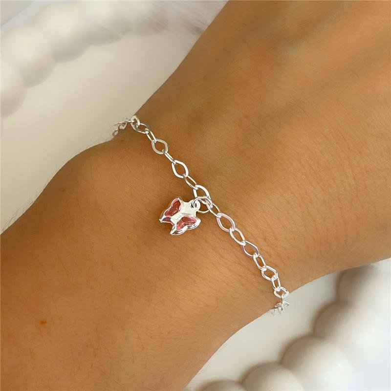 PULSEIRA PRATA 925 ELOS PINGENTE BORBOLETA ZIRCÔNIA ROSA 
