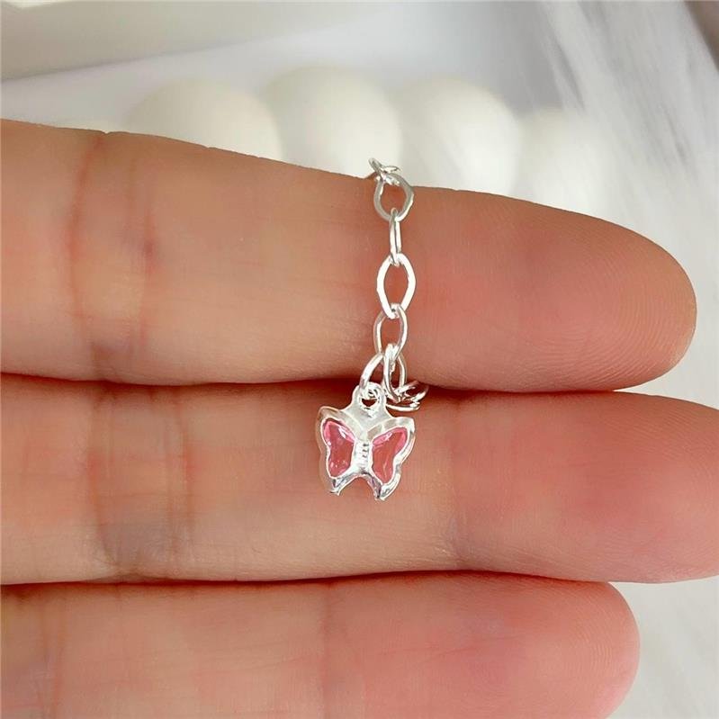 PULSEIRA PRATA 925 ELOS PINGENTE BORBOLETA ZIRCÔNIA ROSA 