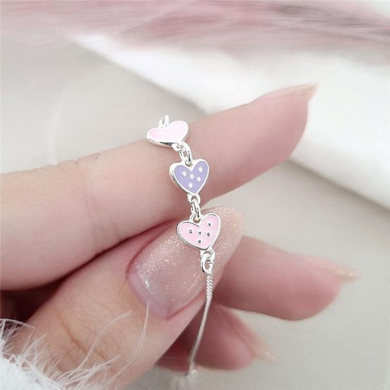 PULSEIRA PRATA 925 INFANTIL TRÊS CORAÇÕES ROSA LILÁS