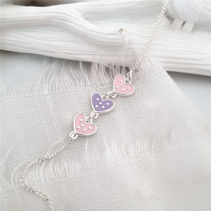 PULSEIRA PRATA 925 INFANTIL TRÊS CORAÇÕES ROSA LILÁS