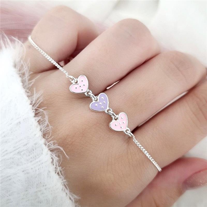 PULSEIRA PRATA 925 INFANTIL TRÊS CORAÇÕES ROSA LILÁS
