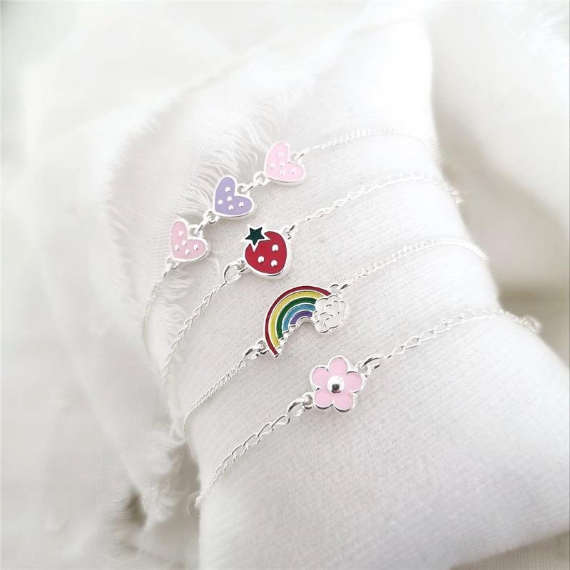 PULSEIRA PRATA 925 INFANTIL TRÊS CORAÇÕES ROSA LILÁS