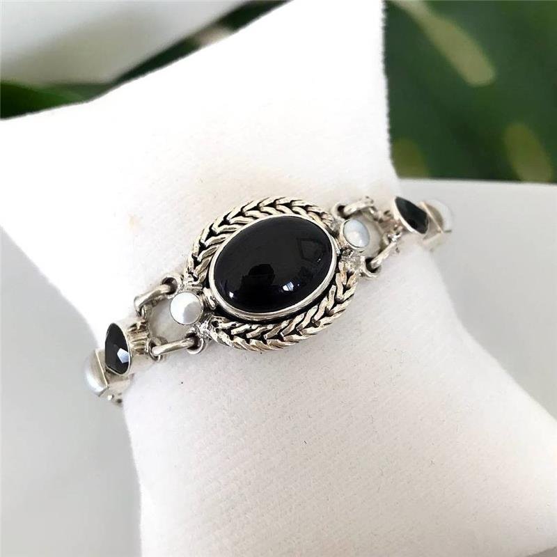 PULSEIRA PRATA 925 LUXO OVAL ÔNIX CORDA 