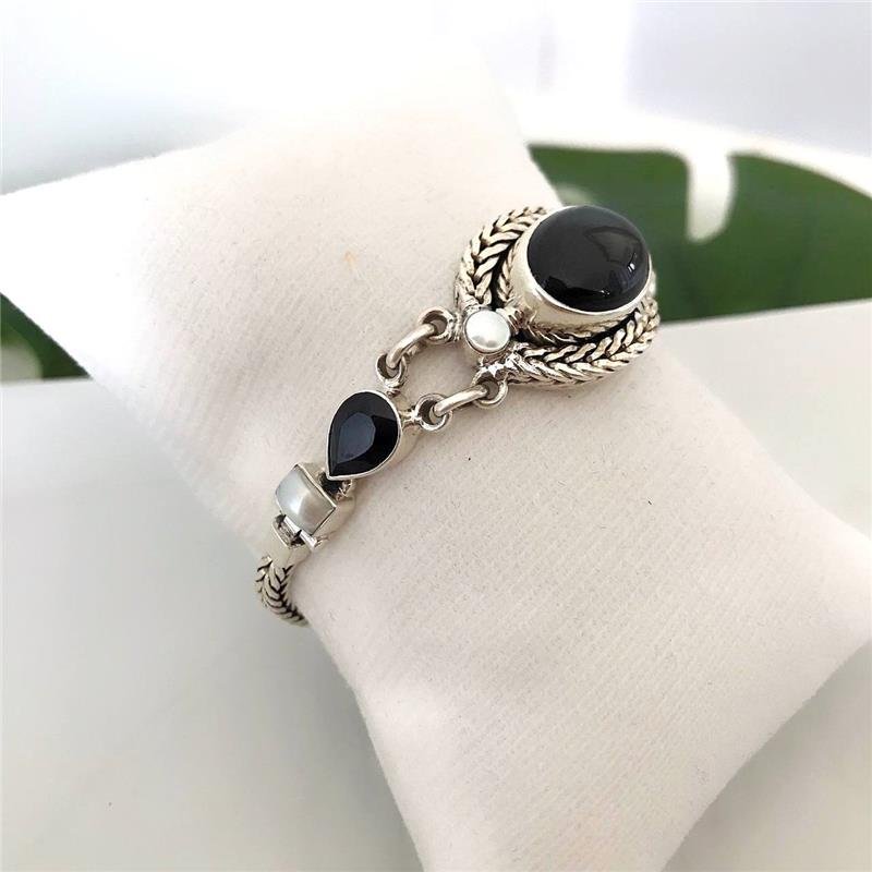 PULSEIRA PRATA 925 LUXO OVAL ÔNIX CORDA 