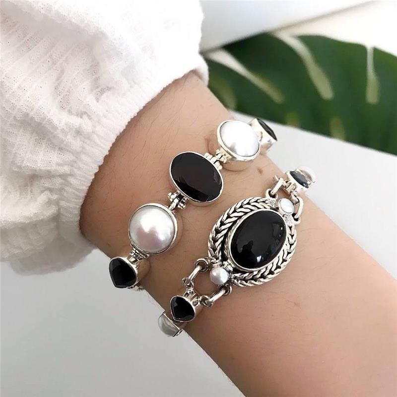 PULSEIRA PRATA 925 LUXO OVAL ÔNIX CORDA 