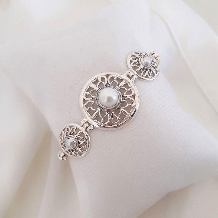 PULSEIRA PRATA 925 MANDALAS COM PÉROLA
