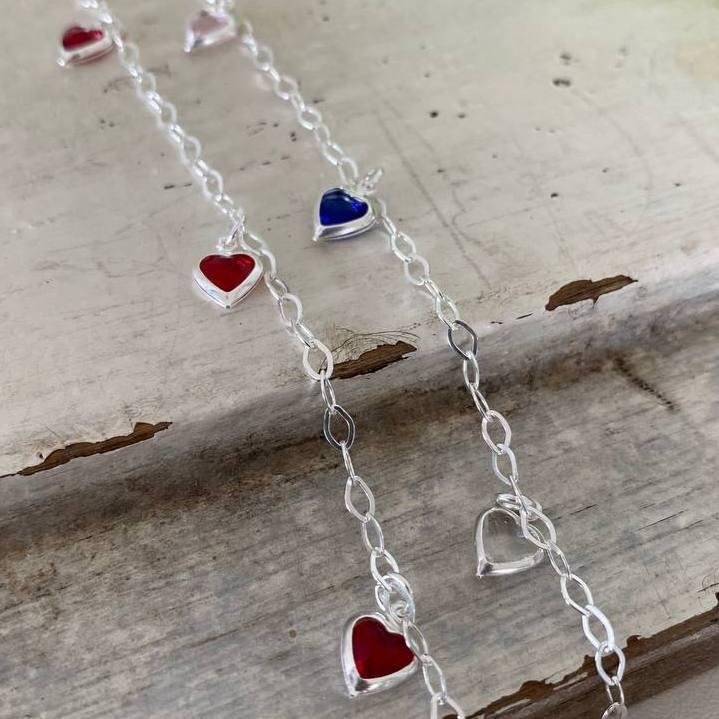 PULSEIRA PRATA 925 PEDRA CORAÇÃO COLORIDA