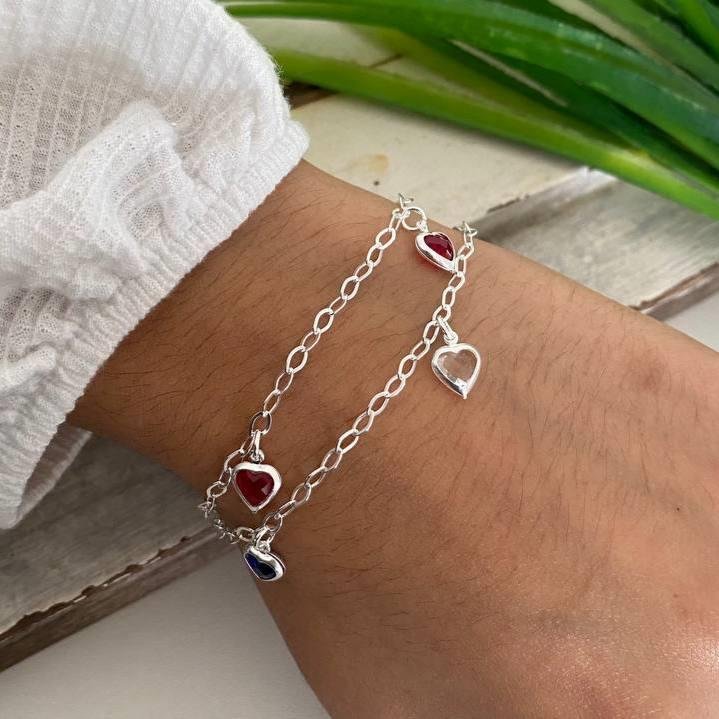 PULSEIRA PRATA 925 PEDRA CORAÇÃO COLORIDA