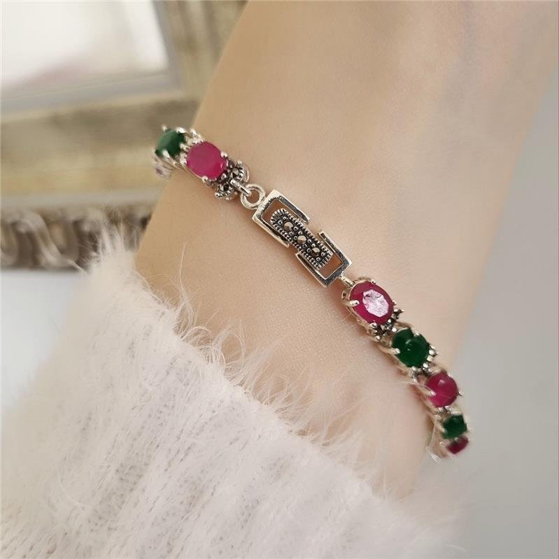 PULSEIRA PRATA 925 PEDRAS OVAIS SAFIRA, ESMERALDA E MARCASSITA