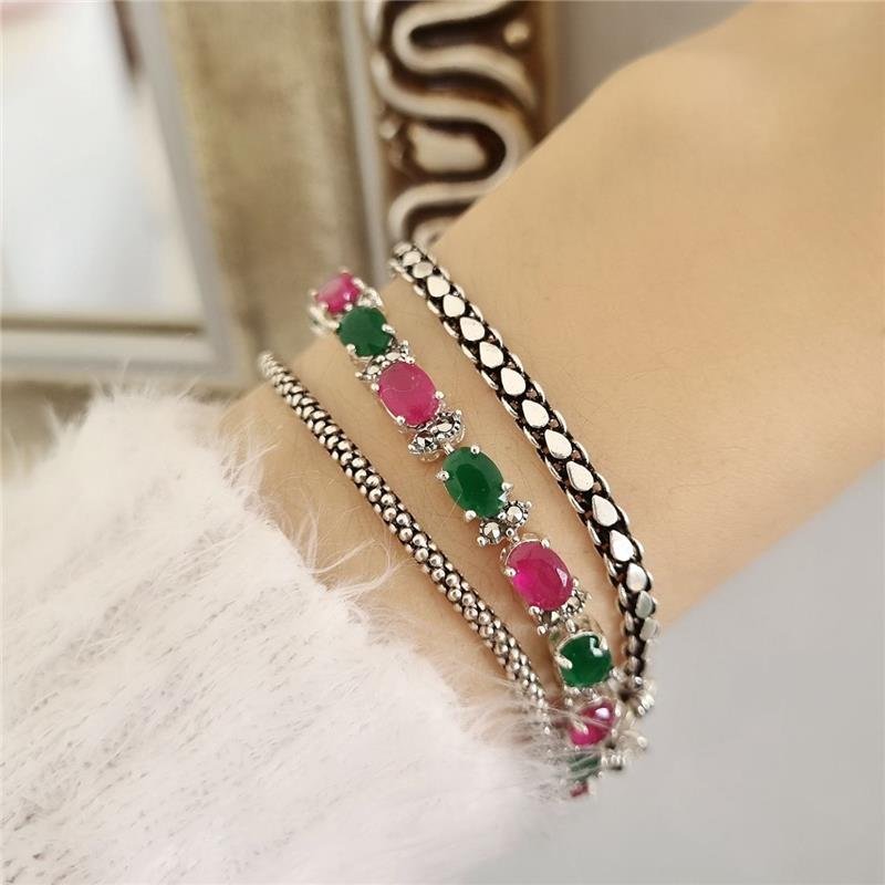 PULSEIRA PRATA 925 PEDRAS OVAIS SAFIRA, ESMERALDA E MARCASSITA