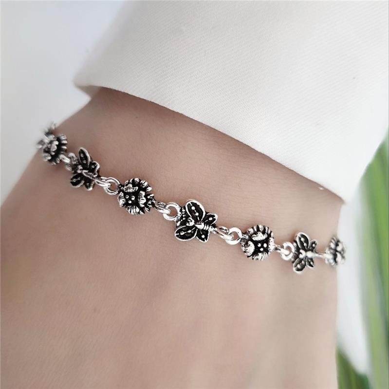 PULSEIRA PRATA 925 PEKUN BORBOLETAS COM FLORES