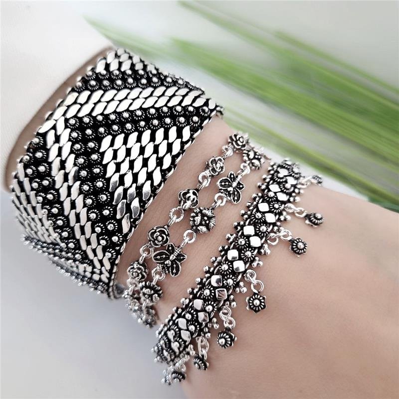 PULSEIRA PRATA 925 PEKUN BORBOLETAS COM FLORES