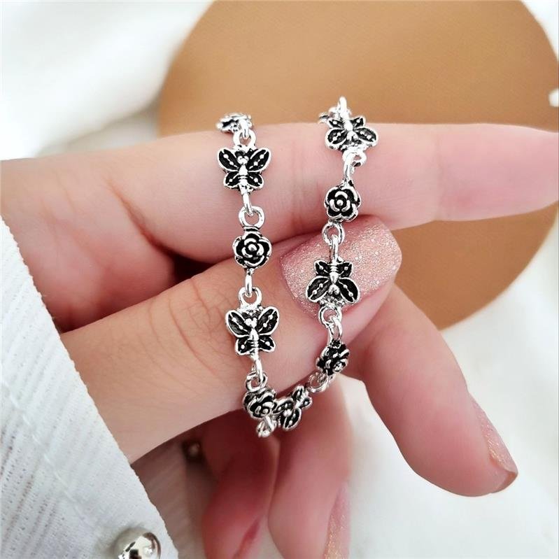 PULSEIRA PRATA 925 PEKUN BORBOLETAS COM ROSAS