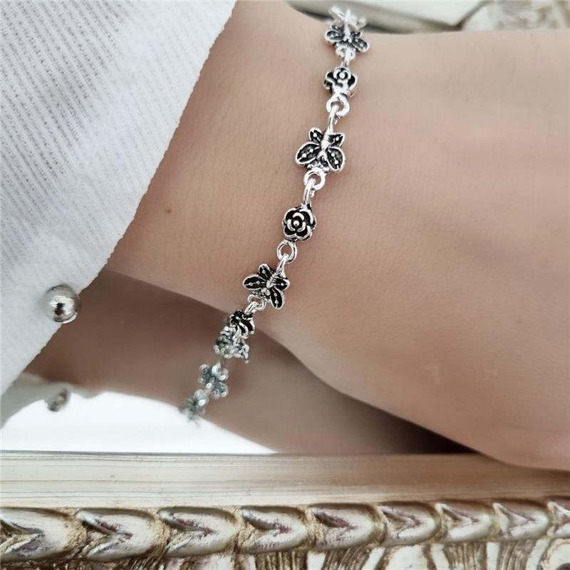 PULSEIRA PRATA 925 PEKUN BORBOLETAS COM ROSAS