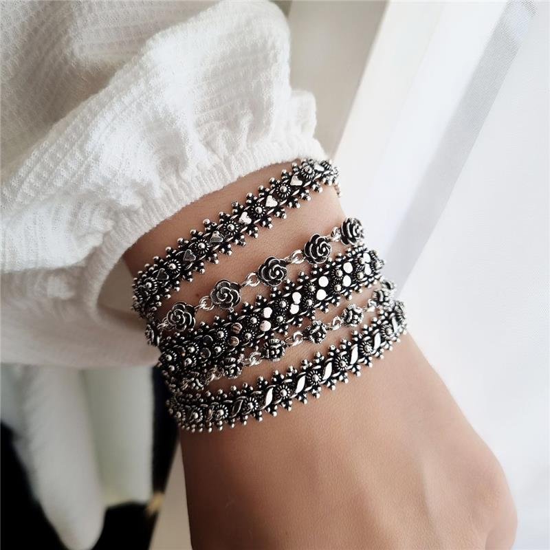 PULSEIRA PRATA 925 PEKUN FOLHAS E FLOR