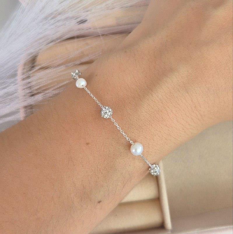 PULSEIRA PRATA 925 PÉROLAS E BOLINHAS ZIRCONIAS