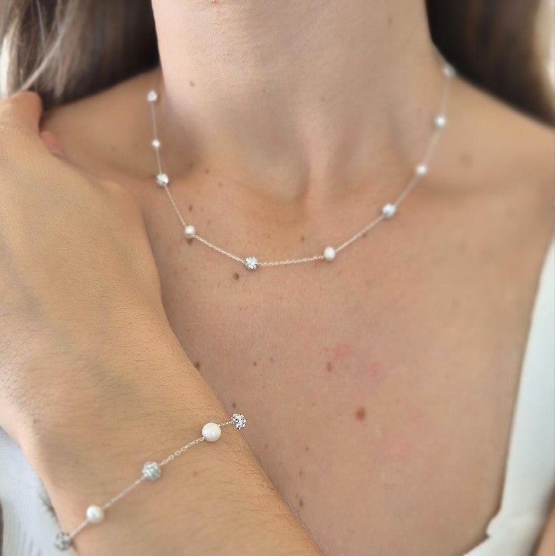 PULSEIRA PRATA 925 PÉROLAS E BOLINHAS ZIRCONIAS