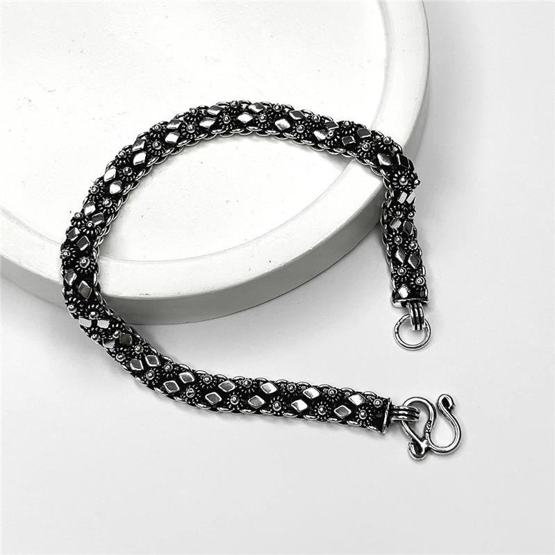PULSEIRA PRATA 925 PIKUN DUPLA DETALHES INTERCALADOS FLORES