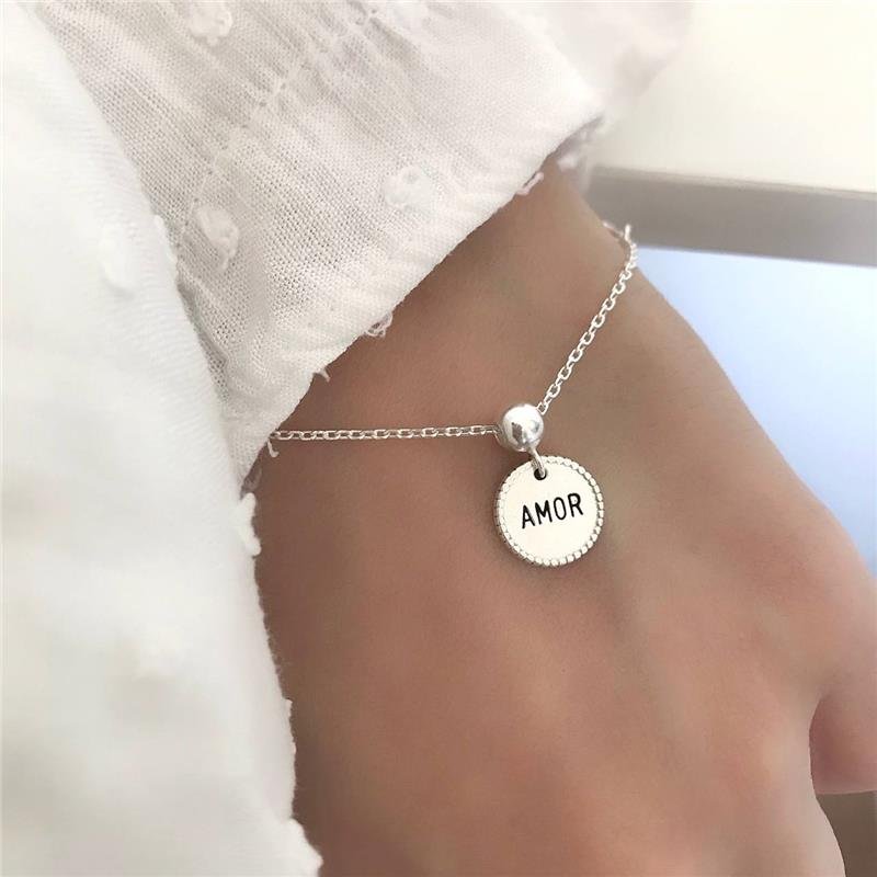 PULSEIRA PRATA 925 PLAQUINHA REDONDA AMOR