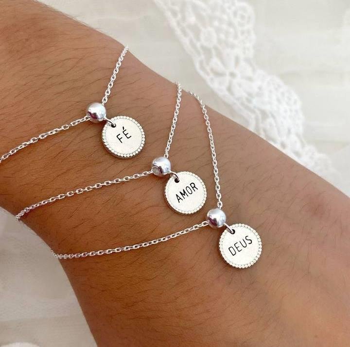 PULSEIRA PRATA 925 PLAQUINHA REDONDA AMOR