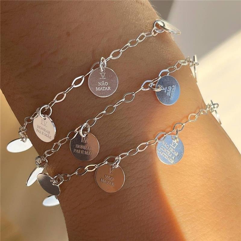 PULSEIRA PRATA 925 PLAQUINHAS DEZ MANDAMENTOS