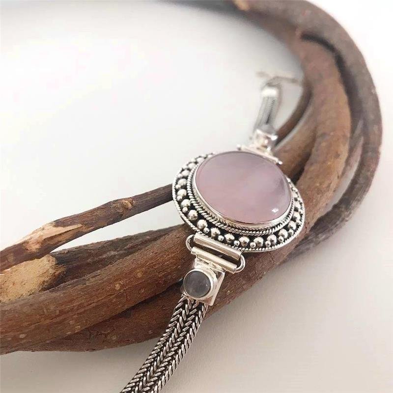 PULSEIRA PRATA 925 QUARTZO ROSA CÍRCULO