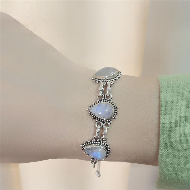 PULSEIRA PRATA 925 REGULÁVEL 3 PEDRAS NATURAIS EM GOTA