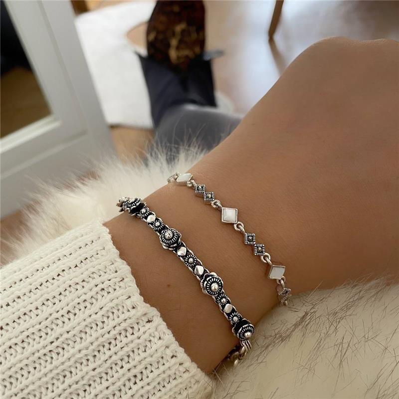 PULSEIRA PRATA 925 REGULÁVEL LOSANGOS MADRE PÉROLA