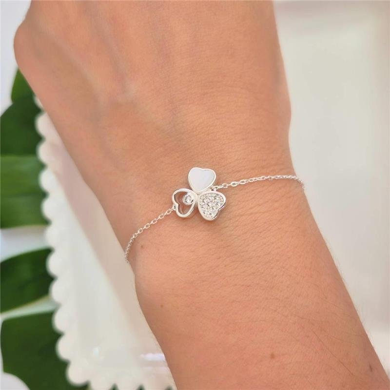 PULSEIRA PRATA 925 TREVO COM ZIRCÔNIA E MADREPÉROLA