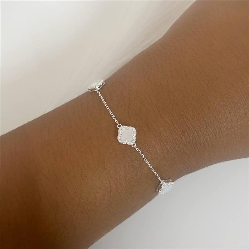 PULSEIRA PRATA 925 TREVOS MADRE PEROLA CRAVEJADOS ZIRCONIAS