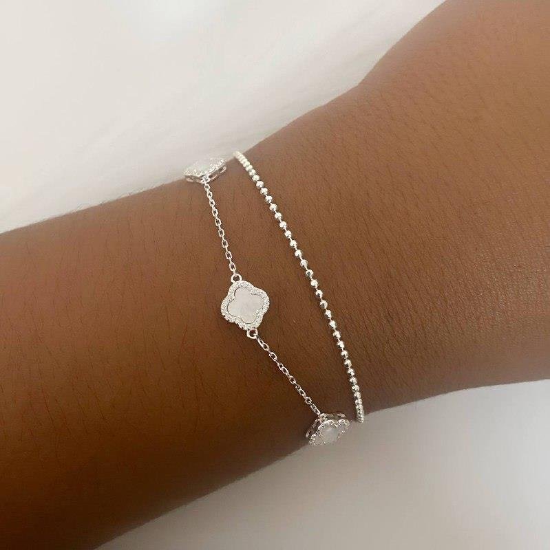 PULSEIRA PRATA 925 TREVOS MADRE PEROLA CRAVEJADOS ZIRCONIAS
