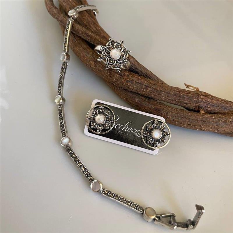 PULSEIRA PRATA 927 LUXO CÍRCULOS BARRAS PEDRA NATURAL