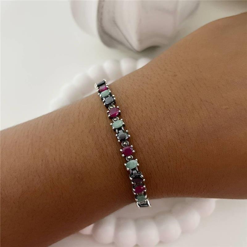PULSEIRA PRATA BALI PEDRAS ESMERALDA RUBI SAFIRA COM MARCASSITAS