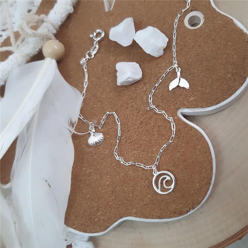 TORNOZELEIRA PRATA 925 CONCHA, ONDA E CAUDA