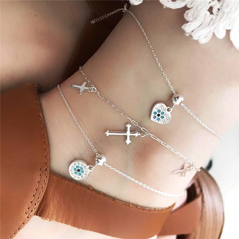 TORNOZELEIRA PRATA 925 CORAÇÃO DE OLHO GREGO