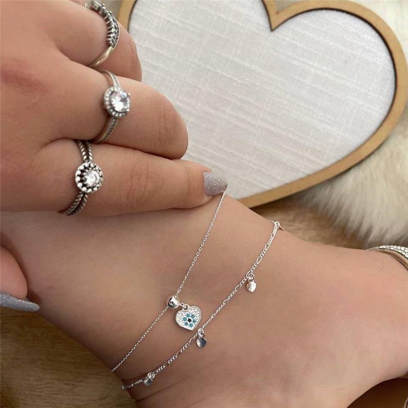 TORNOZELEIRA PRATA 925 CORAÇÃO DE OLHO GREGO